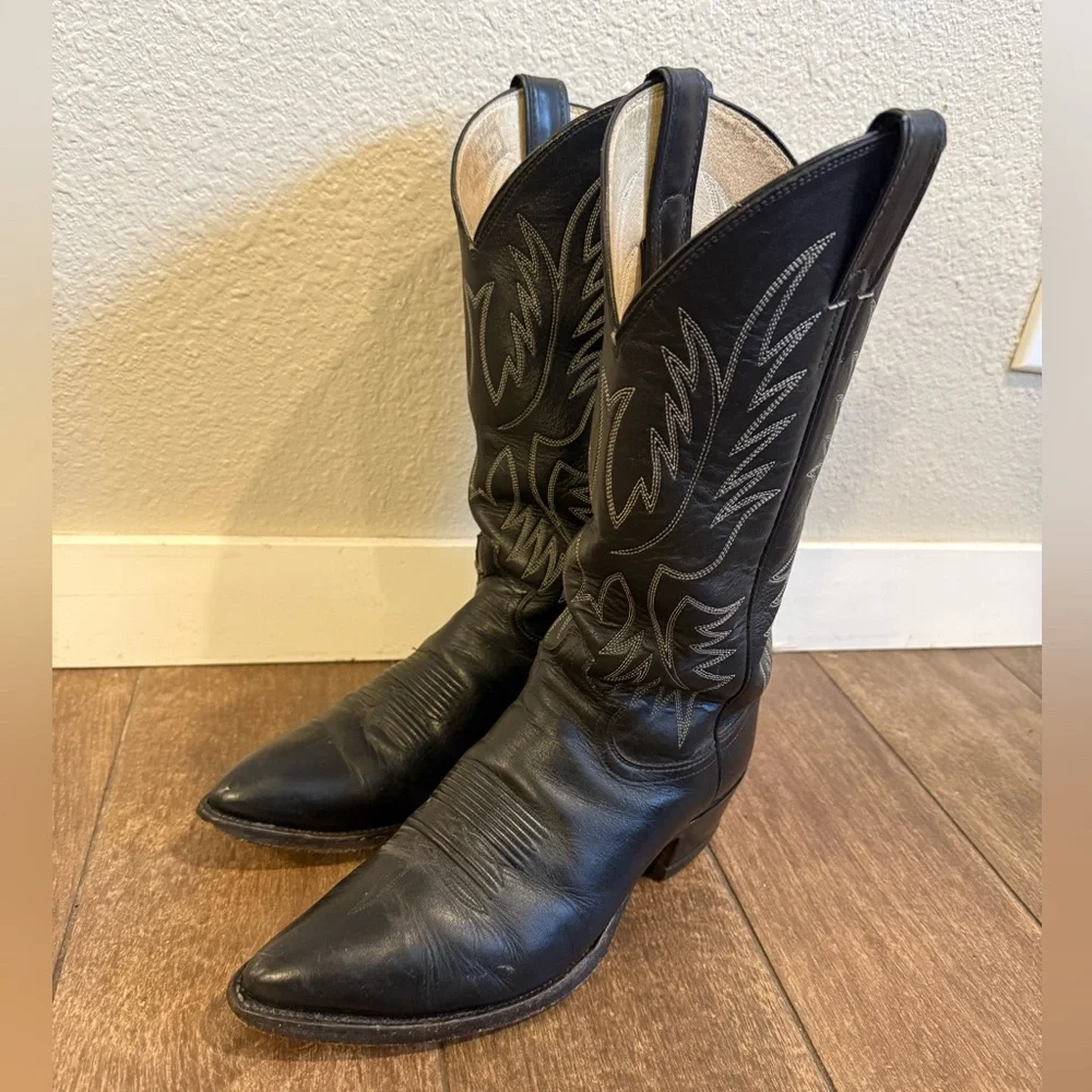 Justin Cowboy Boots 2000 Black Leather Western Boots Men’s 8D USA Made Style2040